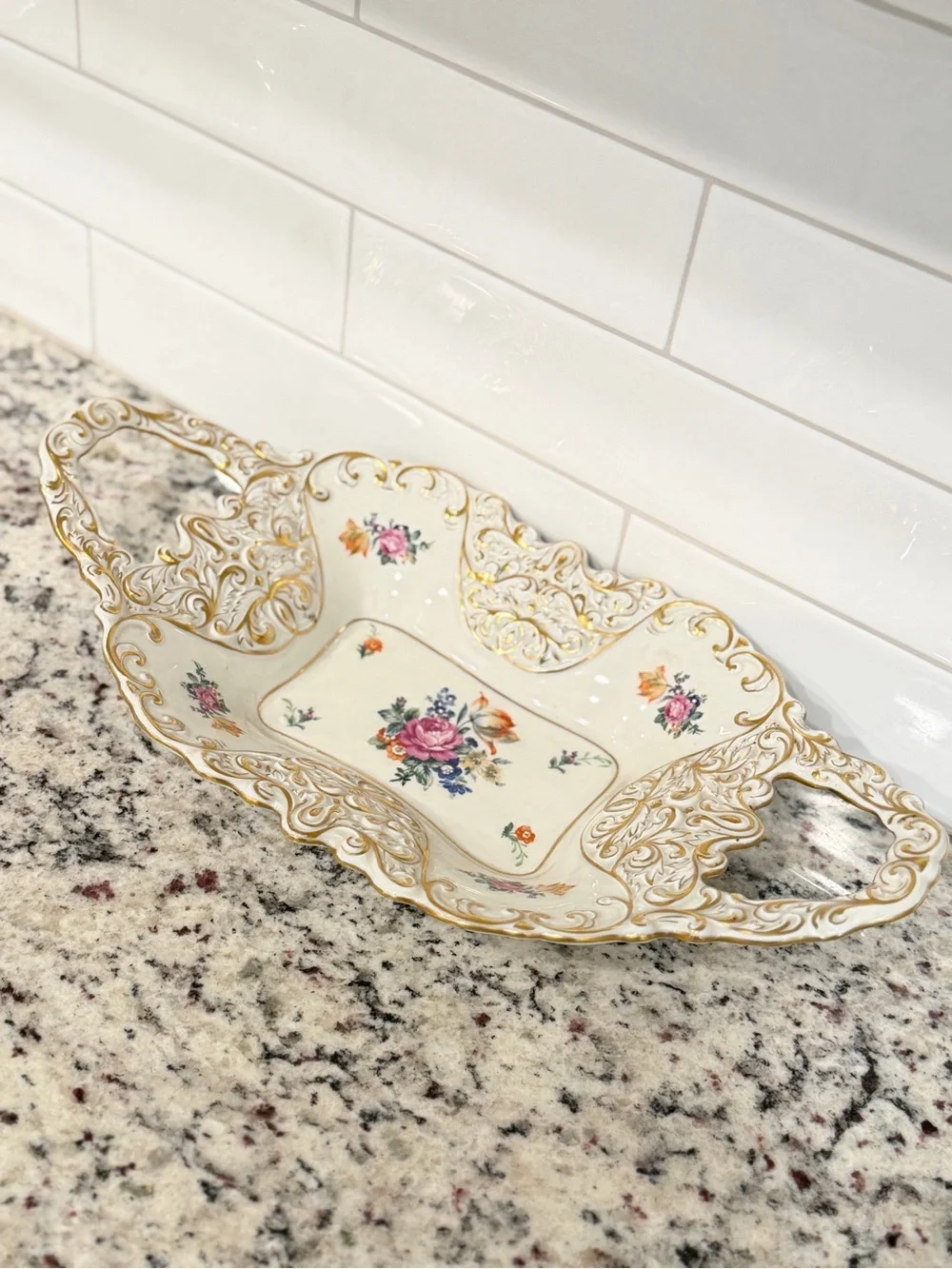 Antique JLMENAU German Floral Porcelain Serving Tray in Cream and Enameled Gold